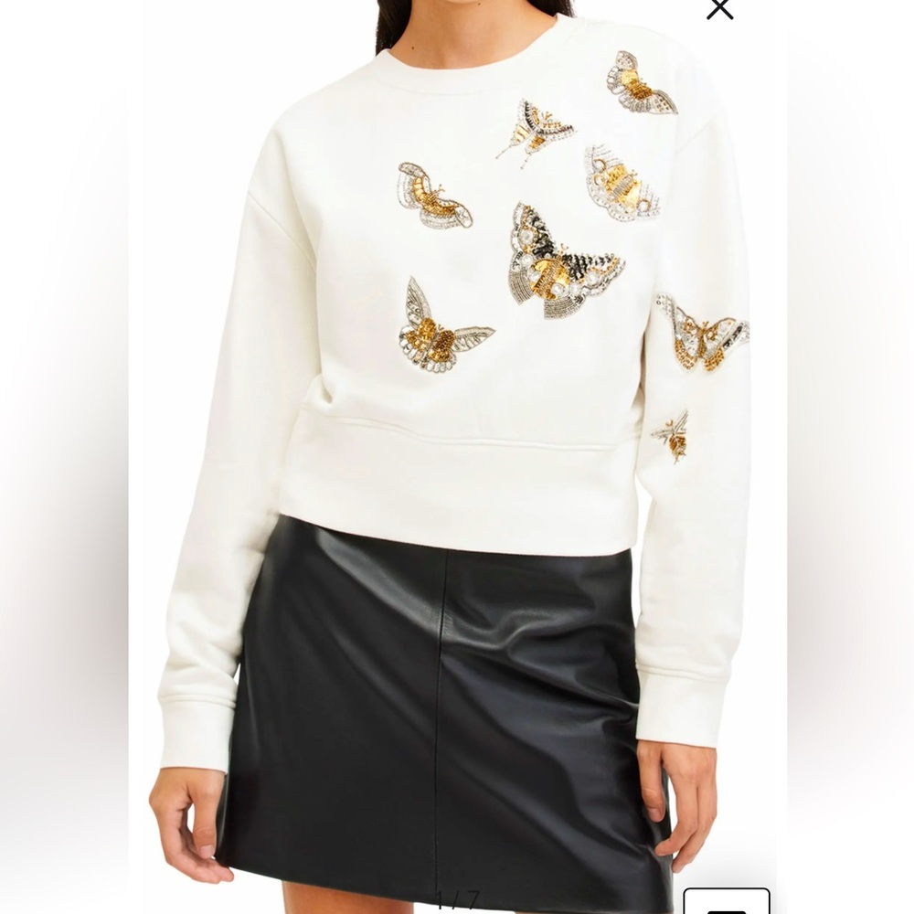 Allsaints Separo Diana Beaded Butterfly Sweatshirt Chalk White Size Small